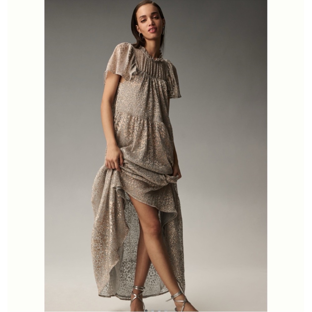 Anthropologie Beige Metallic Maxi Dress